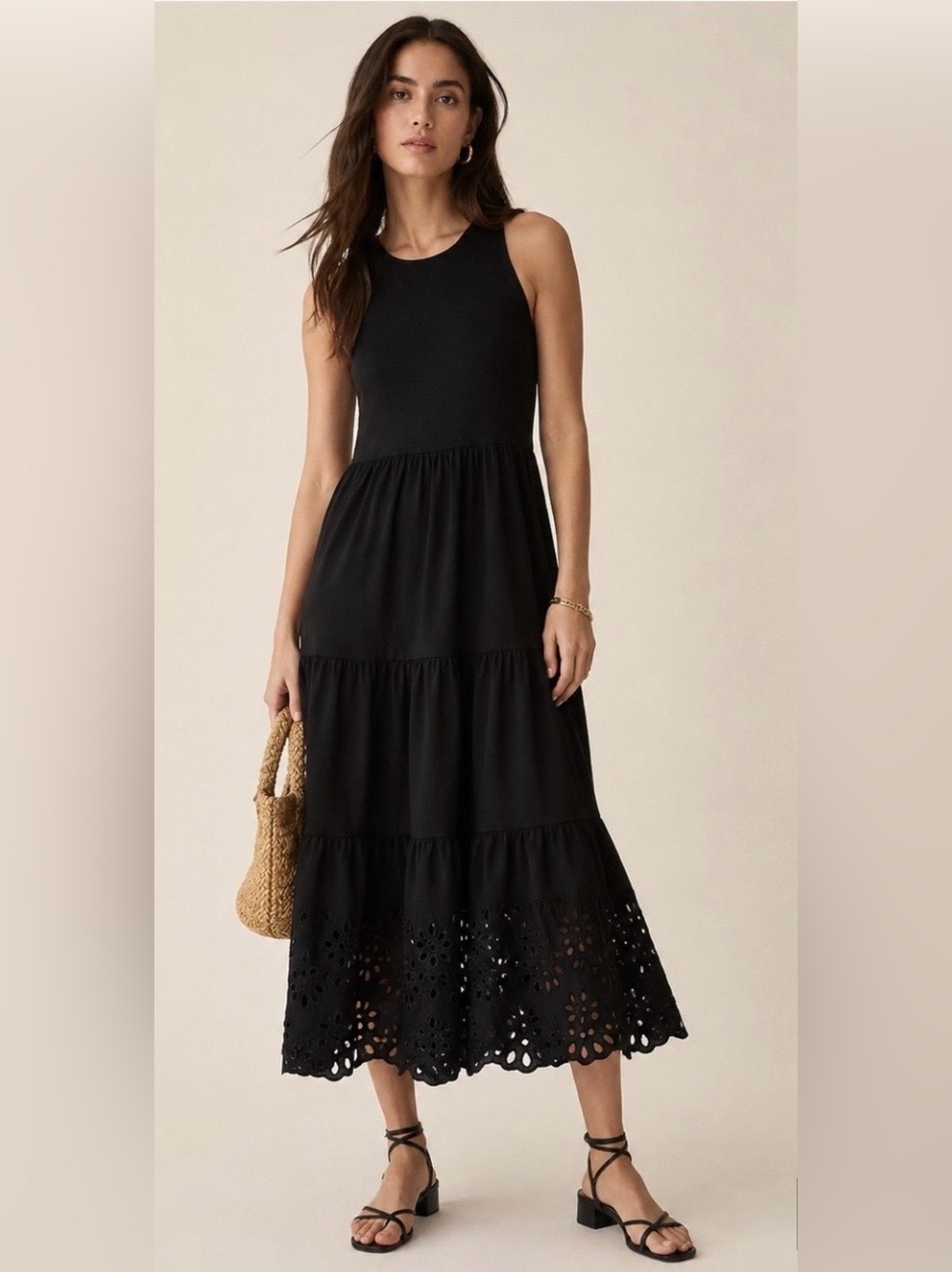 J.Crew Black Sleeveless Tiered Dress with Eyelet Hem